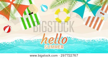 Happy Summer,beach Blue Wave,umbrella Beach Balls Swim Ring Vector