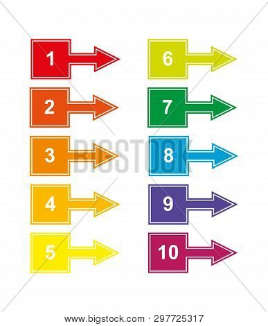 Set Of Color Numbered Squares With Numbers From 1 To 10 With Right Arrow For Design And Decoration O