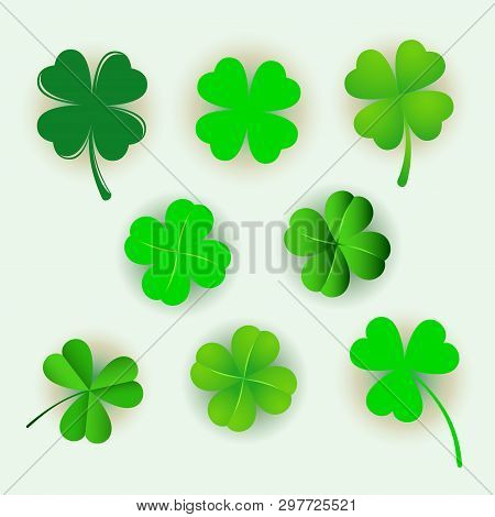 Set Of Green Clover Leaves Isolated On White Background