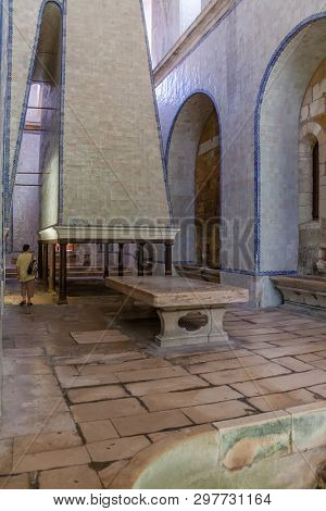 Alcobaca, Portugal - July 17, 2017: Kitchen of Monastery of Santa Maria de Alcobaca Abbey. Masterpiece of Medieval Gothic architecture. Cistercian Religious Order