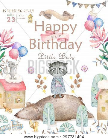 Cute Baby Roccoon With Tasty Cake Animal Isolated Illustration For Children. Bohemian Watercolor Boh