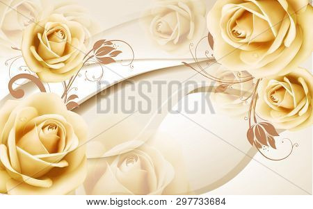 3d Beige Background With Large Buds Of Roses