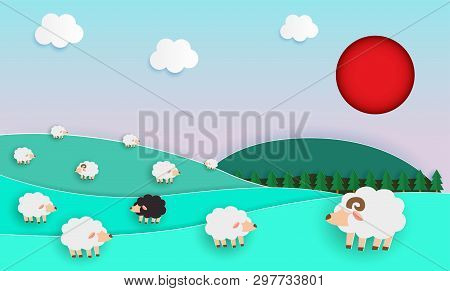 Herd Of Sheep On Green Pasture, Paper Cut Style, Elements Of Farming Landscapes With Sheep And Natur