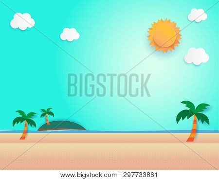 Beautiful Sun Rise At Beach, Sea View And Sun Rise Seascape. Paper Cut And Craft Style. Vector, Illu