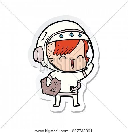 sticker of a cartoon happy spacegirl holding moon rock