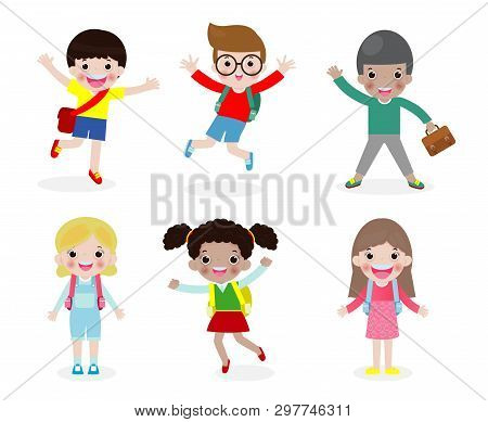 Set Of Happy Children Go To School, Back To School,education Concept, School Kids, Isolated On White