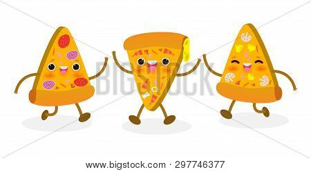 Set Of Pizza Slice Funny. Fastfood. Pizza Design. Vector Illustration Cartoon Character Isolated On 
