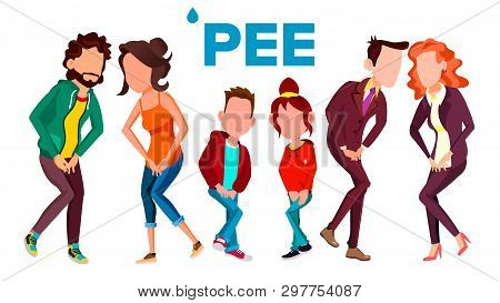 People Wants Pee Banner Template With Text. Stressed Adults And Children Need Pee, Holding Crotch. C