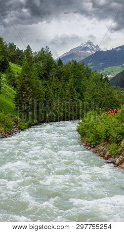 Summer Alps Cloudy Evening Mountain Landscape With Alpine River, Silvretta Alps, Austria