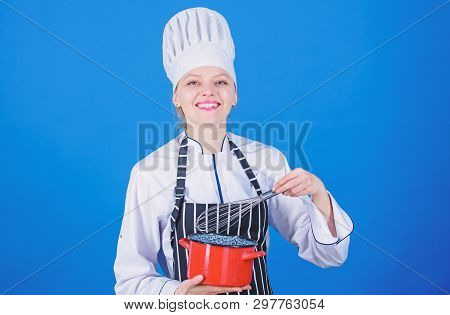 Whipping Cream Tips And Tricks. Woman Professional Chef Hold Whisk And Pot. Whipping Like Pro. Girl 