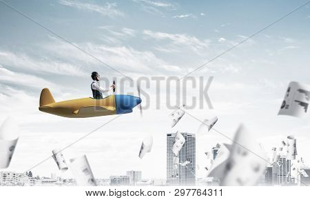 Successful Management And Information Analysing Concept With Funny Pilot. Aviator Driving Propeller 