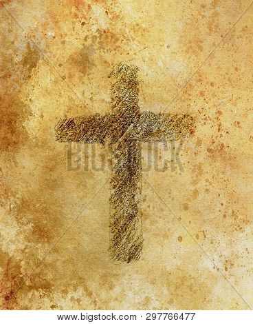 Simple Cross Symbol, Pencil Drawing On Abstract Background.