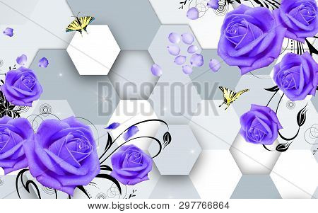 3d Illustration, Light Background, Honeycomb, Blue Roses, Yellow Butterflies