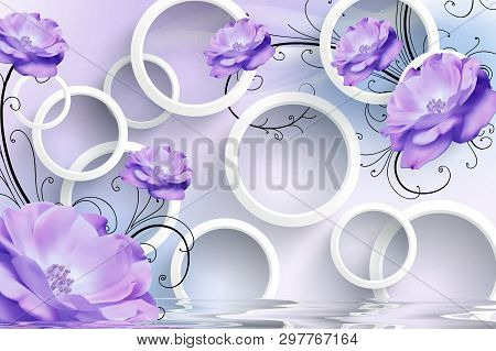 3d Illustration, Light Background, White Rings, Purple Flowers