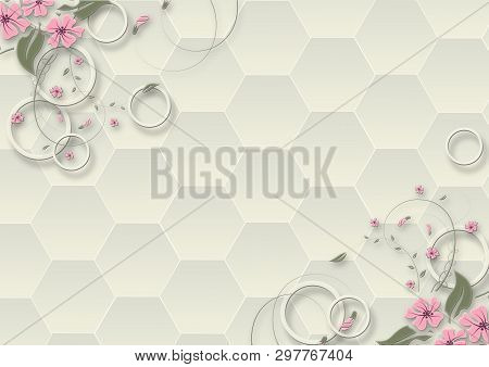 3d Illustration, Light Background, Honeycombs, Rings And Fabulous Flowers
