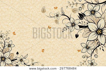 Beige Background For Interior Printing, Fabulous Flowers And Butterflies