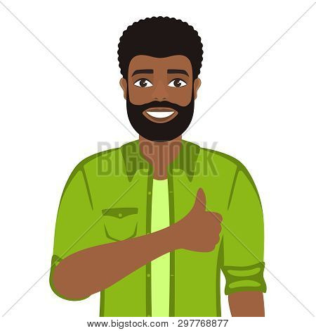 Happy Smiling Man Shows Thumbs Up. Gesture, Symbol Or Sign Like, Cool, Agree, Approve. Bearded Dark-