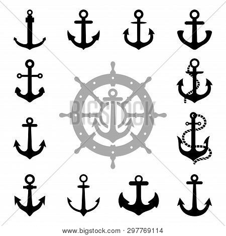 Ship Anchor Vessel Nautical Silhouette Symbol Sign Set