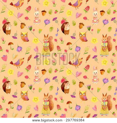 Watercolor Cute Cartoon Animals Texture (background, Seamless Pattern, Backdrop) - Fox, Squirrel, He