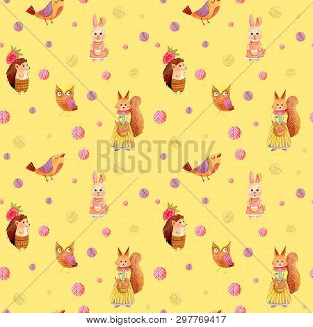 Watercolor Cute Cartoon Animals Texture (background, Seamless Pattern, Backdrop) - Fox, Squirrel, He