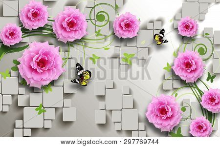 3d Illustration, Background, Tiles, Pink Flowers, Butterflies