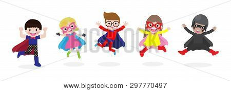 Cartoon Set Of Kids Super Heroes Wearing Comics Costumes. Children In Superhero Costume Characters I