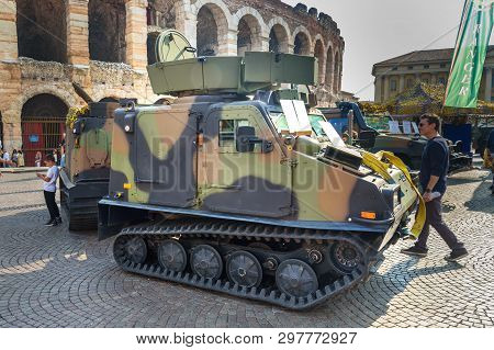 Verona, Italy - October 20, 2018: Bandvagn 206 Is Tracked Articulated, All-terrain Carrier Developed