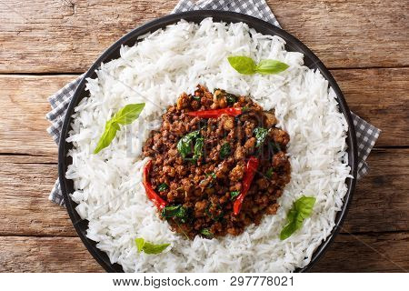 Basil Chicken (gai Pad Krapow) - Chicken, Garlic, Shallots, Sweet Soy Sauce, Basil And Rice Close-up