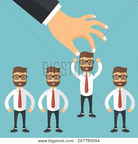 Choosing The Best Candidate For The Job Concept. Hand Picking Up A Businessman From The Row. Flat Ve