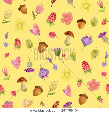 Watercolor Pattern - Forest Flowers, Mushroom, Acrons.