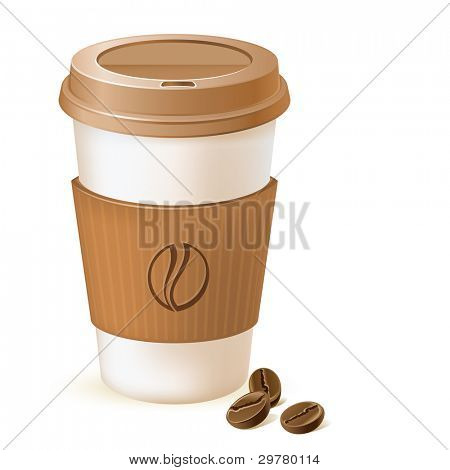 coffee paper cup with cardboard sleeve and beans
