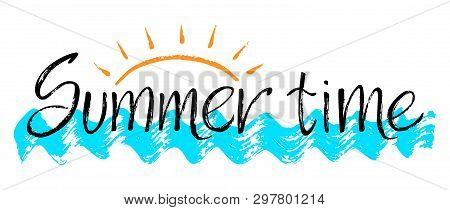 Dry Brush Lettering Composition With Text Summer Time. Logo Design Isolated On White Background. Vec