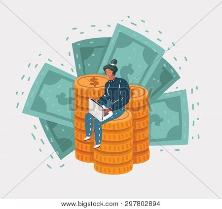 Vector Cartoon Illustration Of Woman Sits On A Big Mountain Of Gold Coins And Green Banknotes, Works