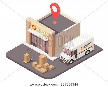 Delivery Logistics Shipment Isometric Composition With Outdoor View Of Logistic Company Office Build