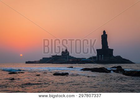 Thiruvalluvar Statue And Vivekananda Rock Memorial On The Small Island In Kanyakumari City In Tamil 