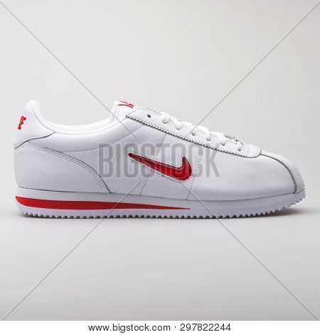 Vienna, Austria - August 7, 2017: Nike Cortez Basic Jewell Qs Tz White And Red Sneaker On White Back