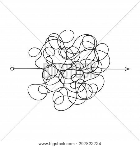 Messy Line. Confused And Complicated Clew Way. Curved Black Line, Solving A Complex Problem Or Quest