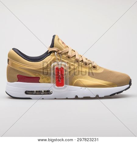 Vienna, Austria - August 7, 2017: Nike Air Max Zero Qs Gold Sneaker On White Background.
