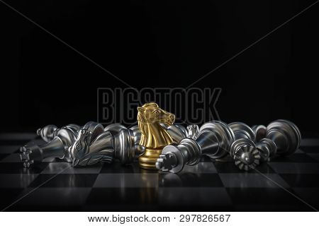 Chess (knight Wins The Game) On Black Background. Success, Business Strategy, Victory, Win, Winner, 