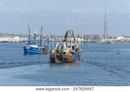 New Bedford, Massachusetts, Usa - April 17, 2019: Commercial Fishing Vessels Mary Anne (l.) And Nobs