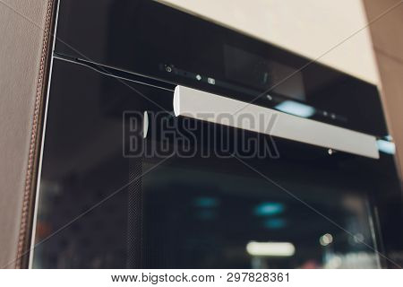 Single Wall Oven Isolated. Household And Integrated Kitchen Domestic Appliances. Front View Of Stain