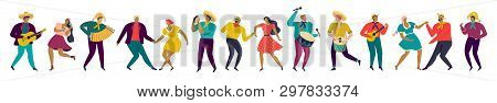 Festa Junina Brazil Party People In Traditional Clothes Musicians And Dancers Horizontal Banner. Cha