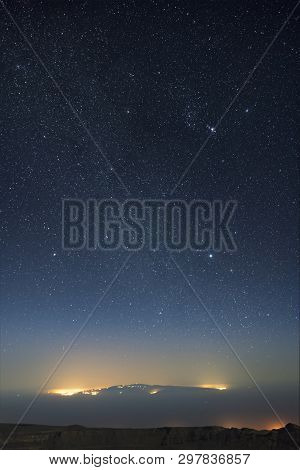 The Lights Of Tenerife And The Stars In The Sky Above It Seen From The Teide Mountain At Night.