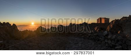 The Cable Car Station On The Peak Of The Teide Mountain On Tenerife, Spain During Sunrise.