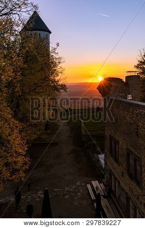 Sunset Seen From The Battlements Of An Old Castle In Germany.