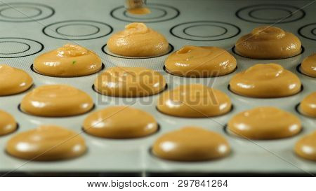 Macaron , French Dessert, Squeezing The Dough Form Cooking Bag. Food Industry, Mass Or Volume Produc