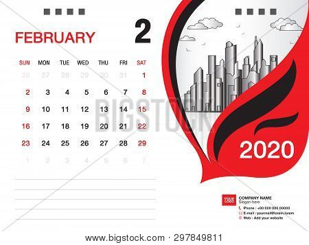 Desk Calendar 2020 Template Vector, February 2020 Month, Business Layout, 8x6 Inch, Week Starts Sund