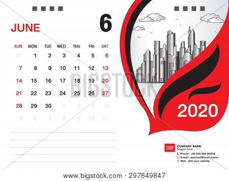 Desk Calendar 2020 Template Vector, June 2020 Month, Business Layout, 8x6 Inch, Week Starts Sunday, 