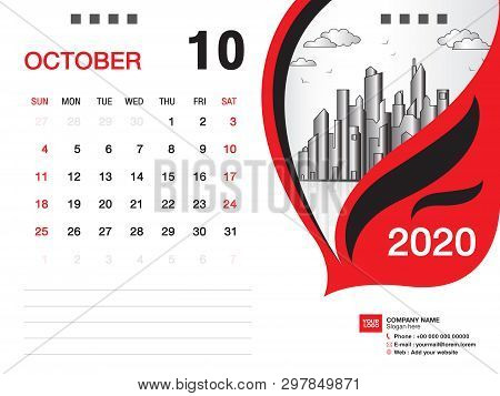 Desk Calendar 2020 Template Vector, October 2020 Month, Business Layout, 8x6 Inch, Week Starts Sunda