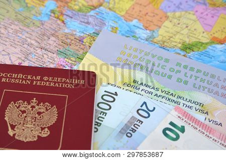Kaliningrad, Russia - February 26, 2016: The Russian International Passport, Euro And The Lithuanian